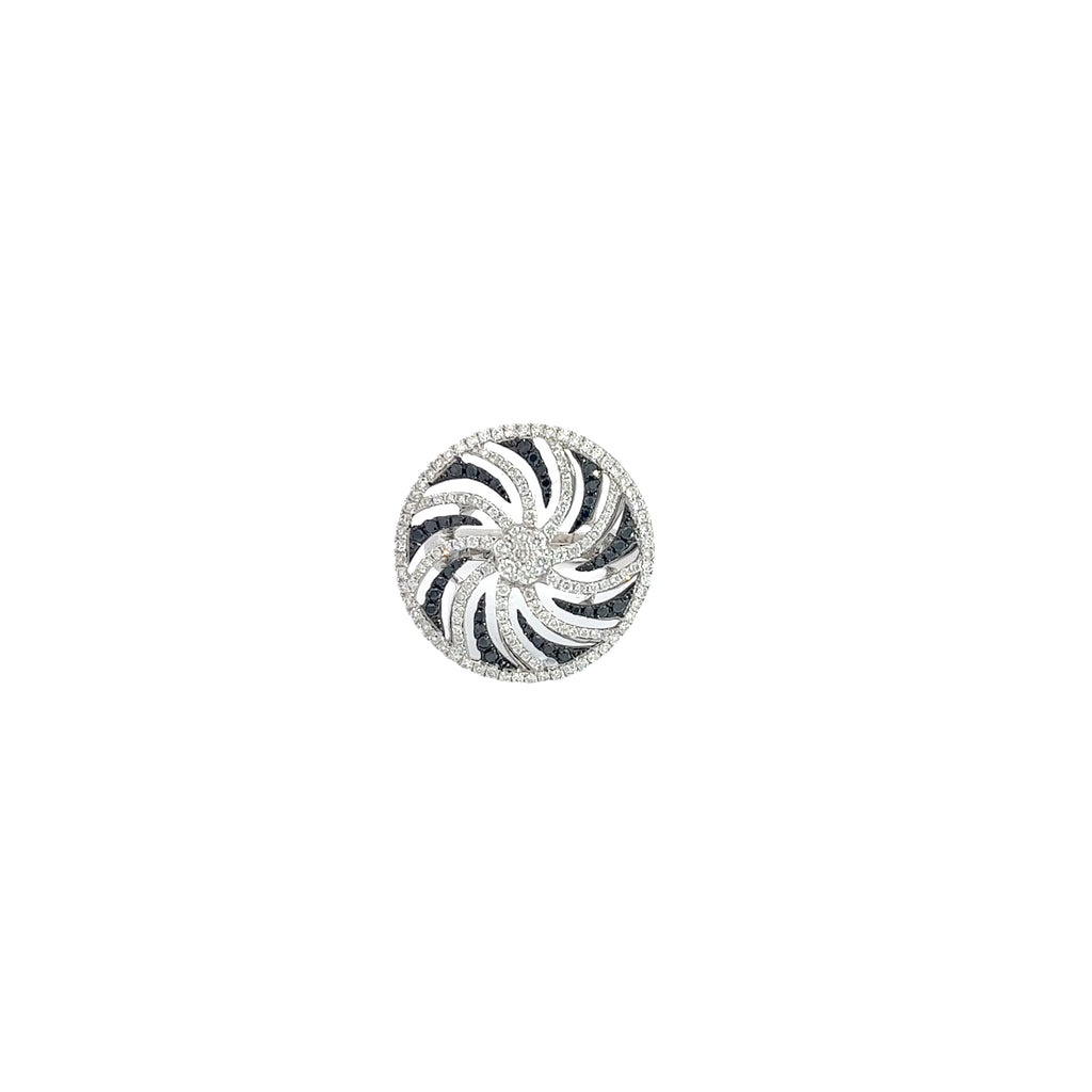 18k White Gold .60ct F VS2 Round Diamond and .15ct Round Black Diamond Whirlwind Ring