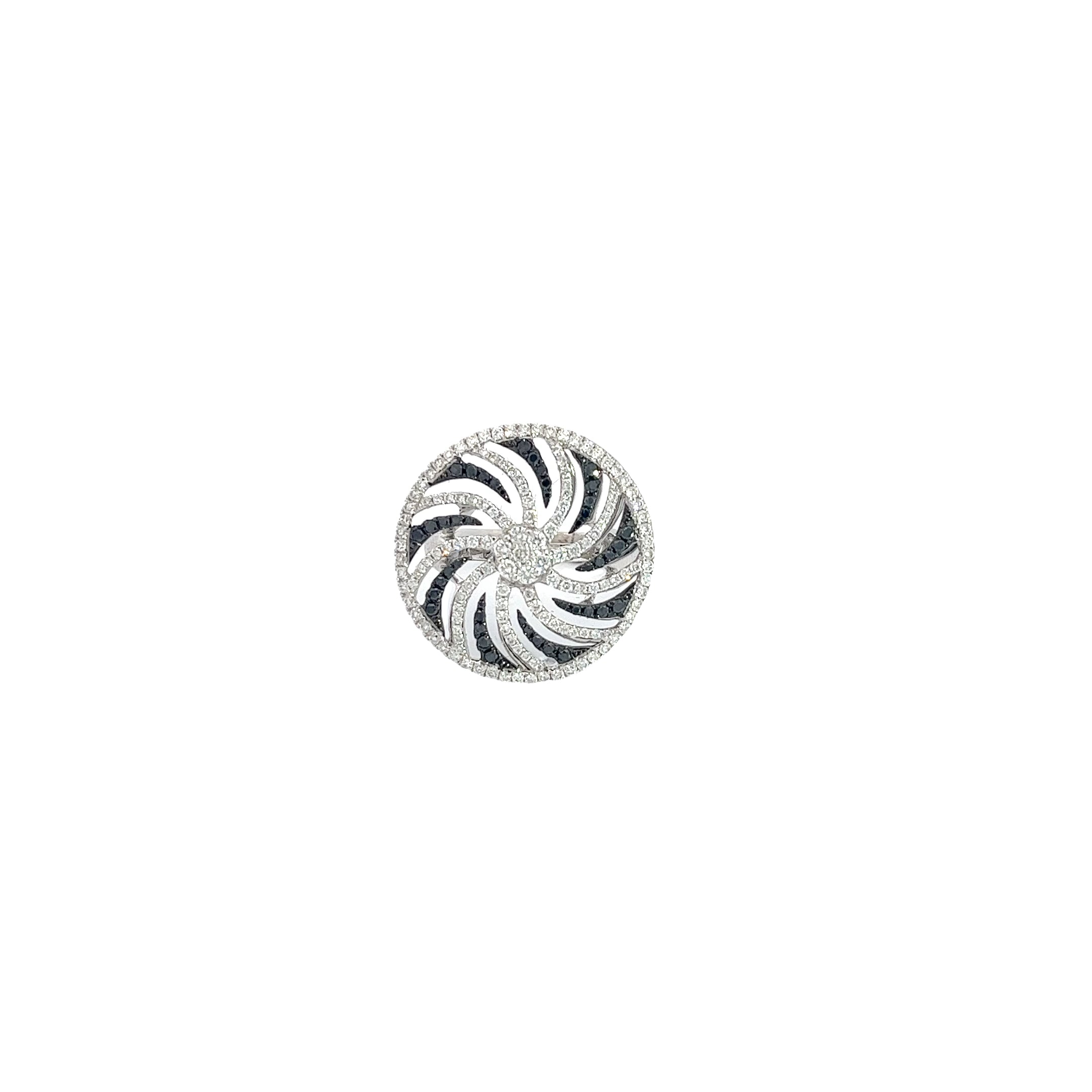 18k White Gold .60ct F VS2 Round Diamond and .15ct Round Black Diamond Whirlwind Ring