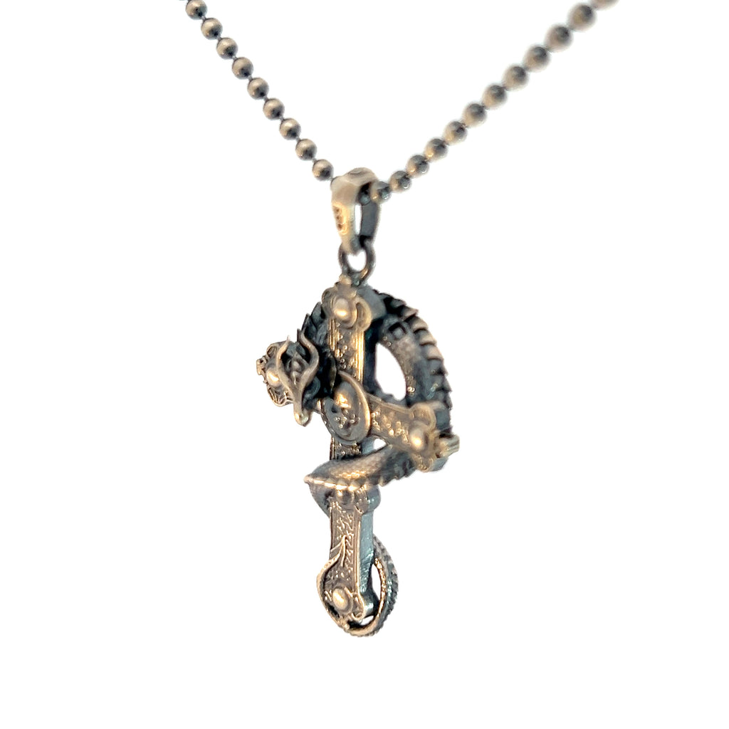 Sterling Silver 18.4 gram Bead Necklace /Cross with a Dragan Fire on the cross