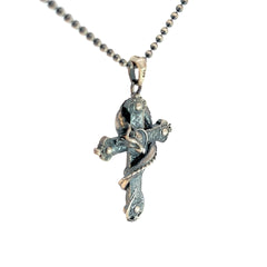 Sterling Silver 18.4 gram Bead Necklace /Cross with a Dragan Fire on the cross