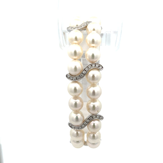18k White Gold 1.69ct F VS2 Round Diamond and Double Strand 9mm Fresh Water White Pearl Bracelet