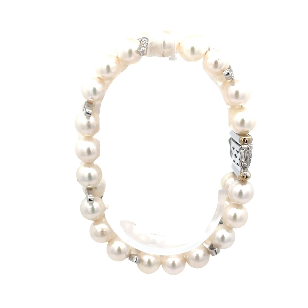 18k White Gold 1.69ct F VS2 Round Diamond and Double Strand 9mm Fresh Water White Pearl bracelet