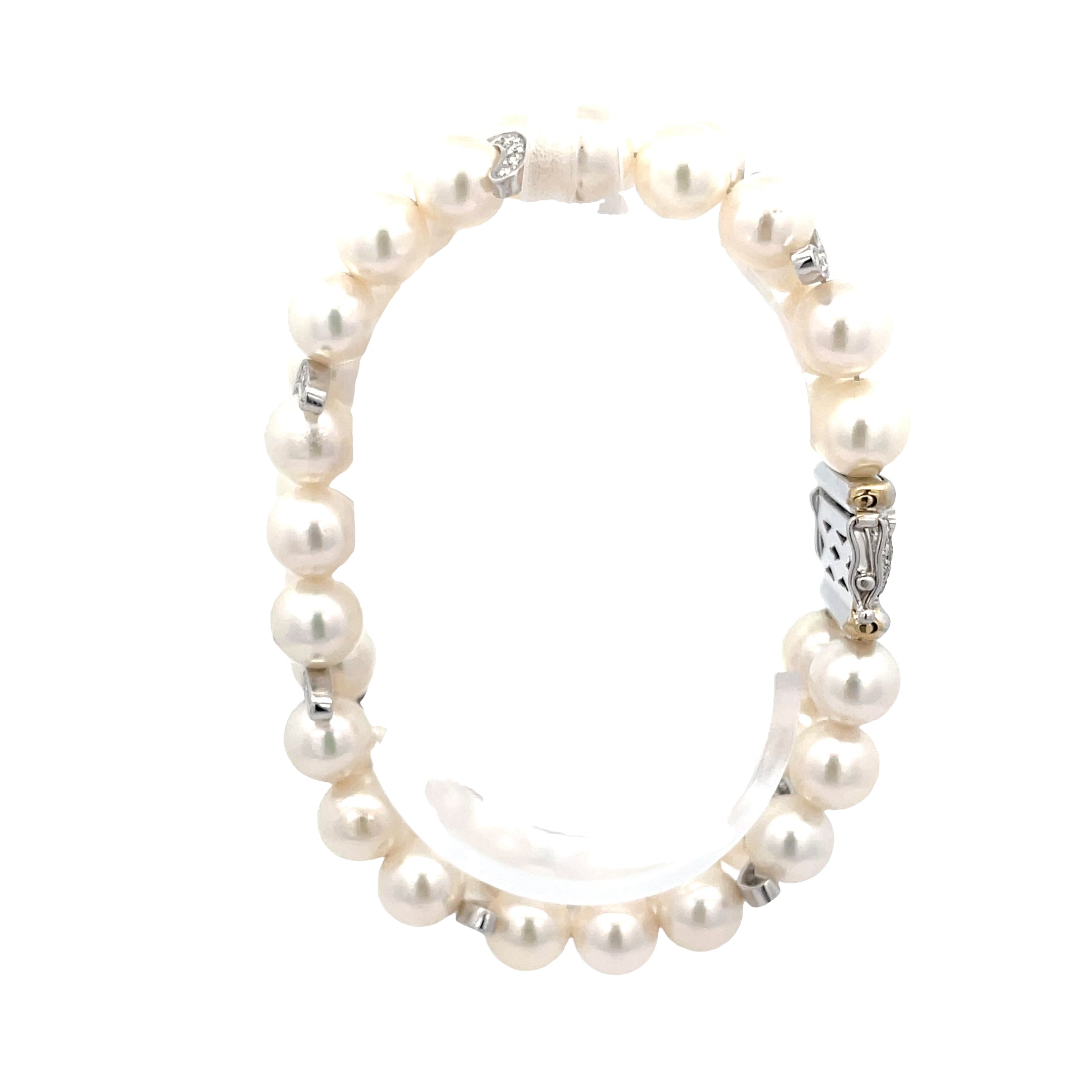 18k White Gold 1.69ct F VS2 Round Diamond and Double Strand 9mm Fresh Water White Pearl bracelet