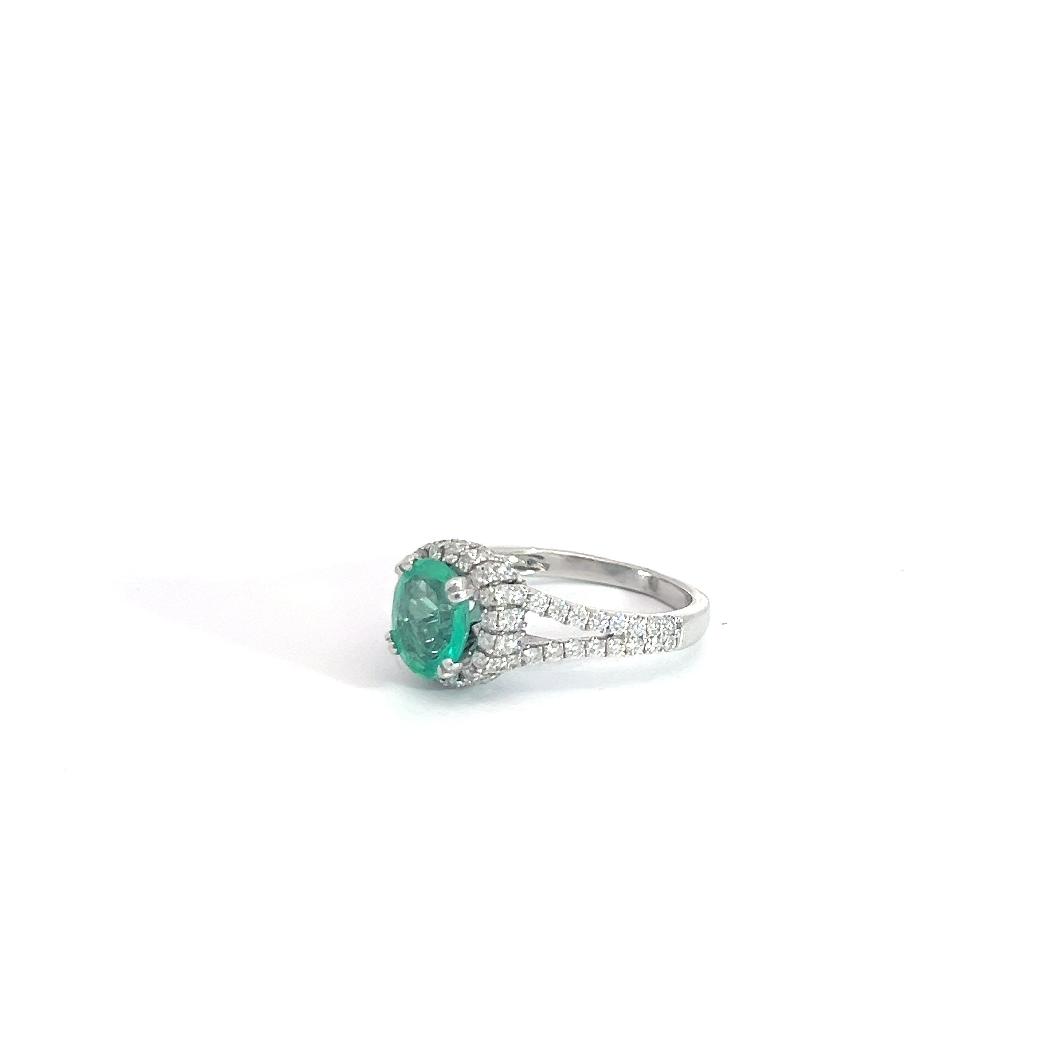 18k White Gold 1.44ct Colombian Oval Emerald/ 1.35ct F VS2 Round Diamond Ring Size 6 1/2