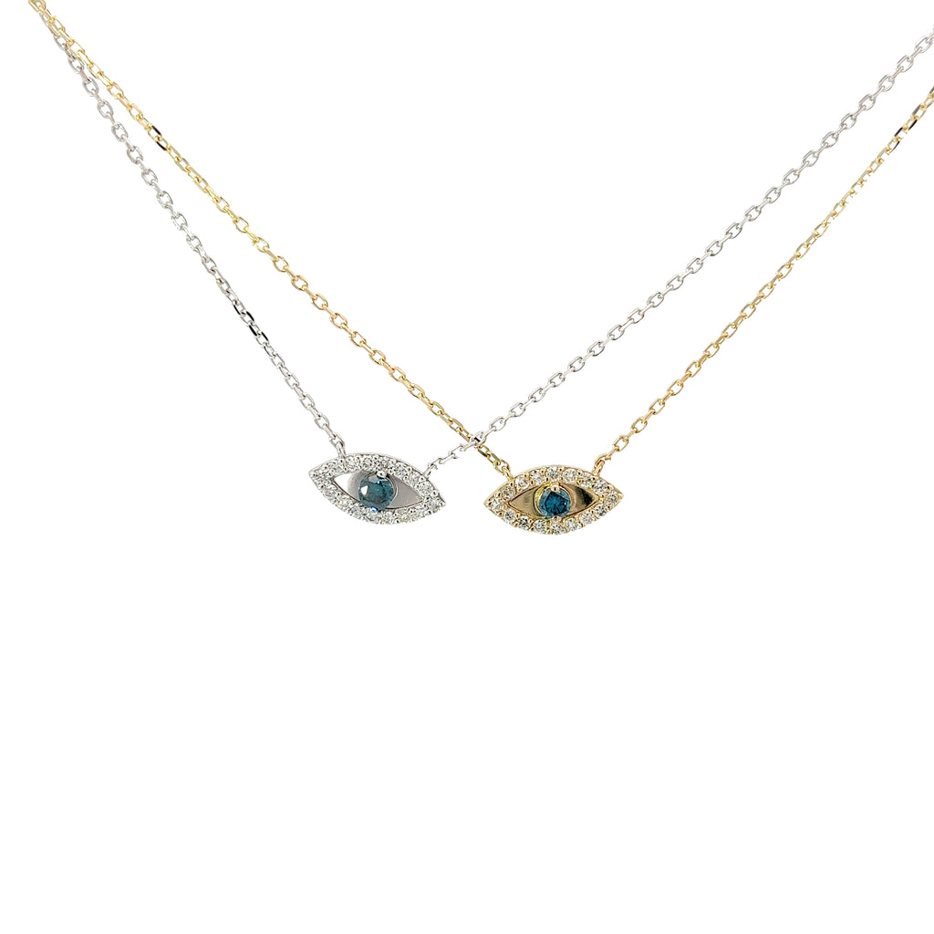 14K YELLOW AND WHITE GOLD .20ct G SI2 ROUND DIAMOND AND .12Cct BLUE DIAMOND EVIL EYE PENDANT
