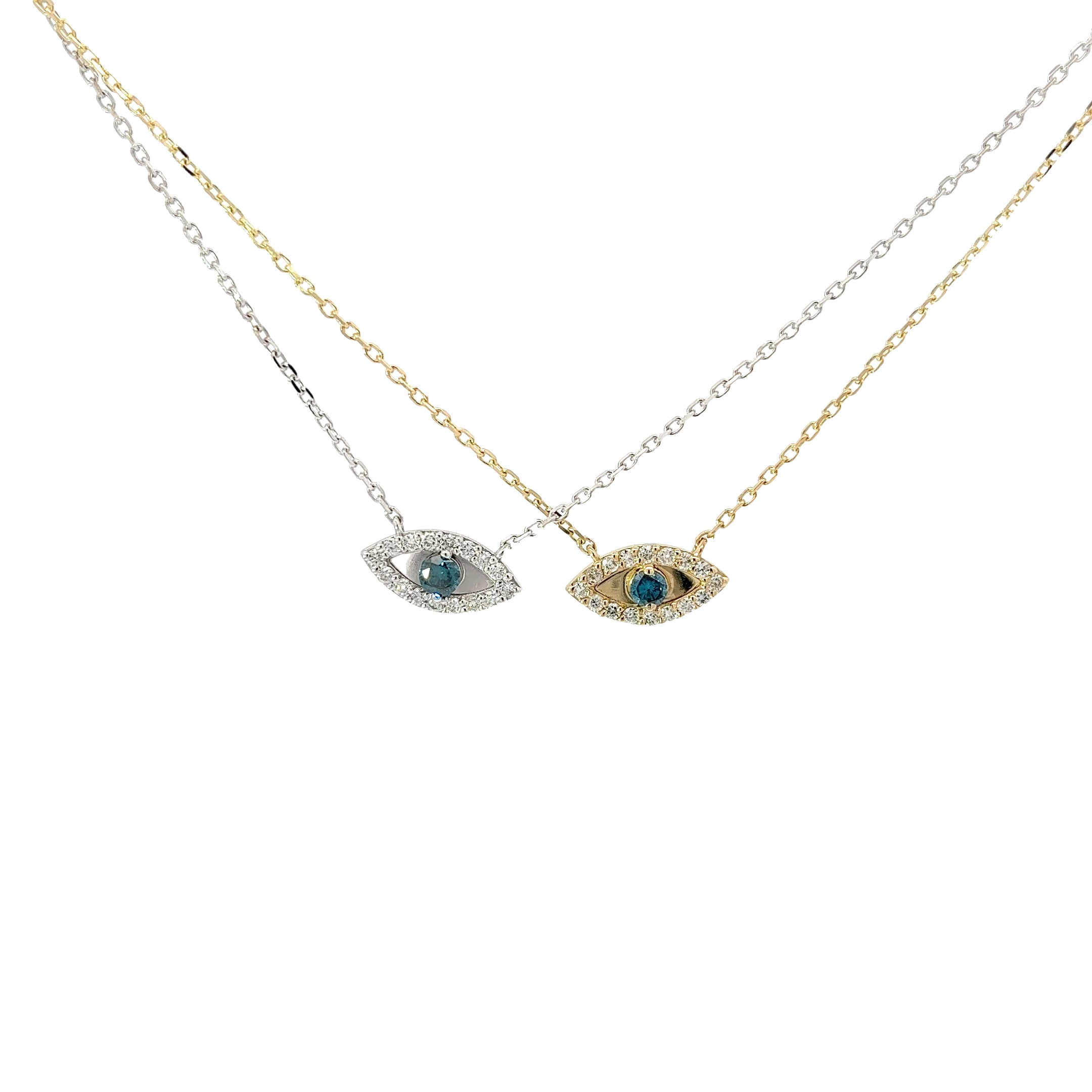 14K YELLOW AND WHITE GOLD .20ct G SI2 ROUND DIAMOND AND .12Cct BLUE DIAMOND EVIL EYE PENDANT