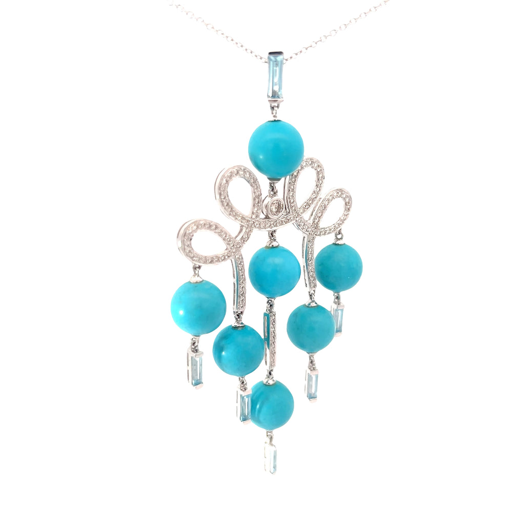 18k White Gold 1.50ct Baguette Aquamarine/ .65ct G VS2 Round Diamond and (7) 10mm Turquoise Beads Necklace