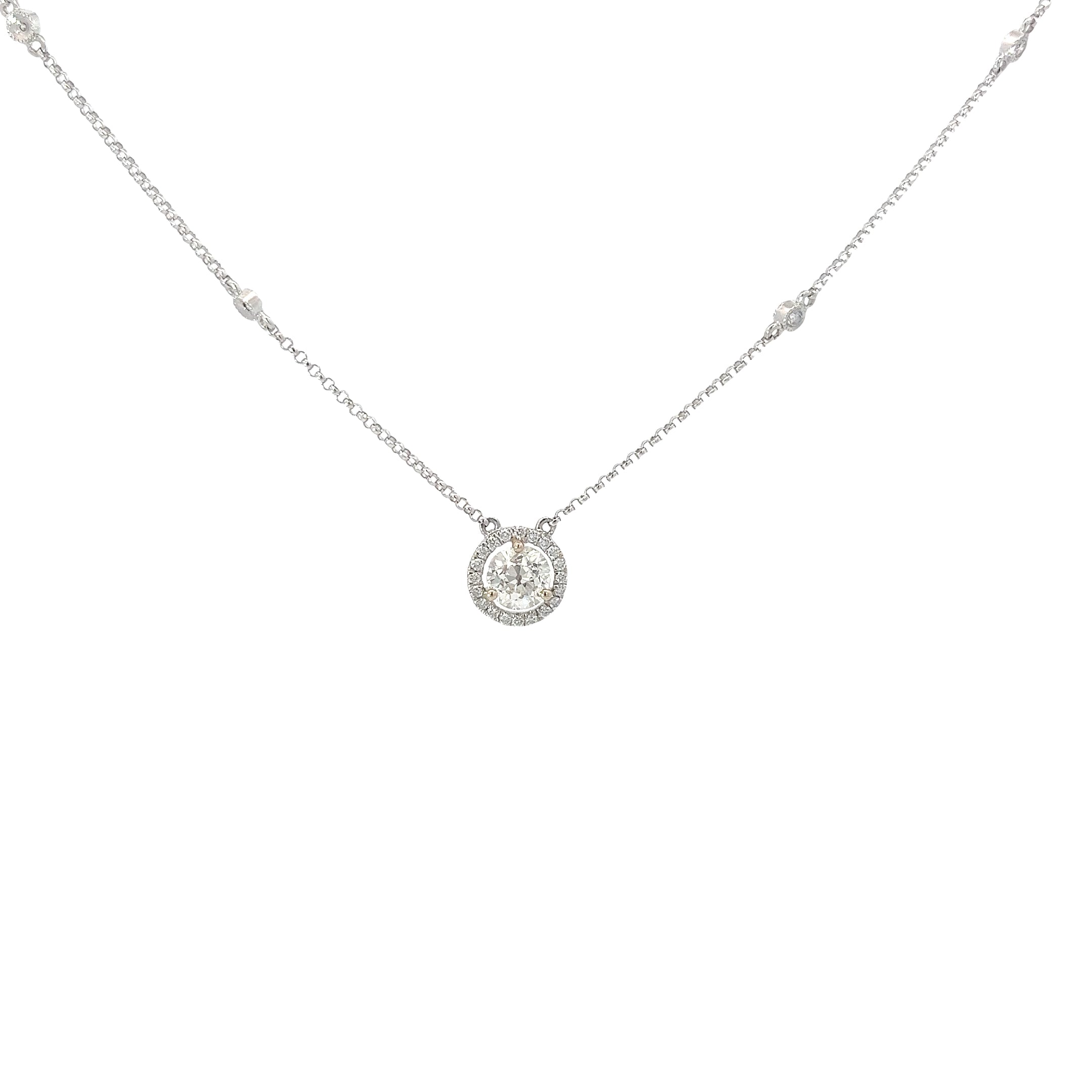 14k White Gold .83ct H SI1 Center Round Diamond and along Halo .23ct H SI1 Round Diamond Solitaire Necklace