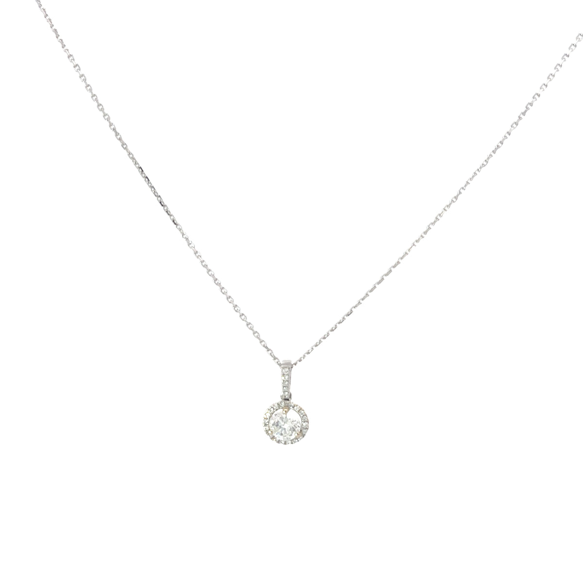 18k White Gold .63ct F SI1 Center Round Diamond and Along Halo .10ct F SI1 Round Diamond Solitaire Necklace