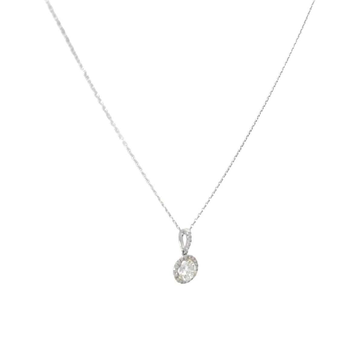 18k White Gold .63ct F SI1 Center Round Diamond and Along Halo .10ct F SI1 Round Diamond Solitaire Necklace
