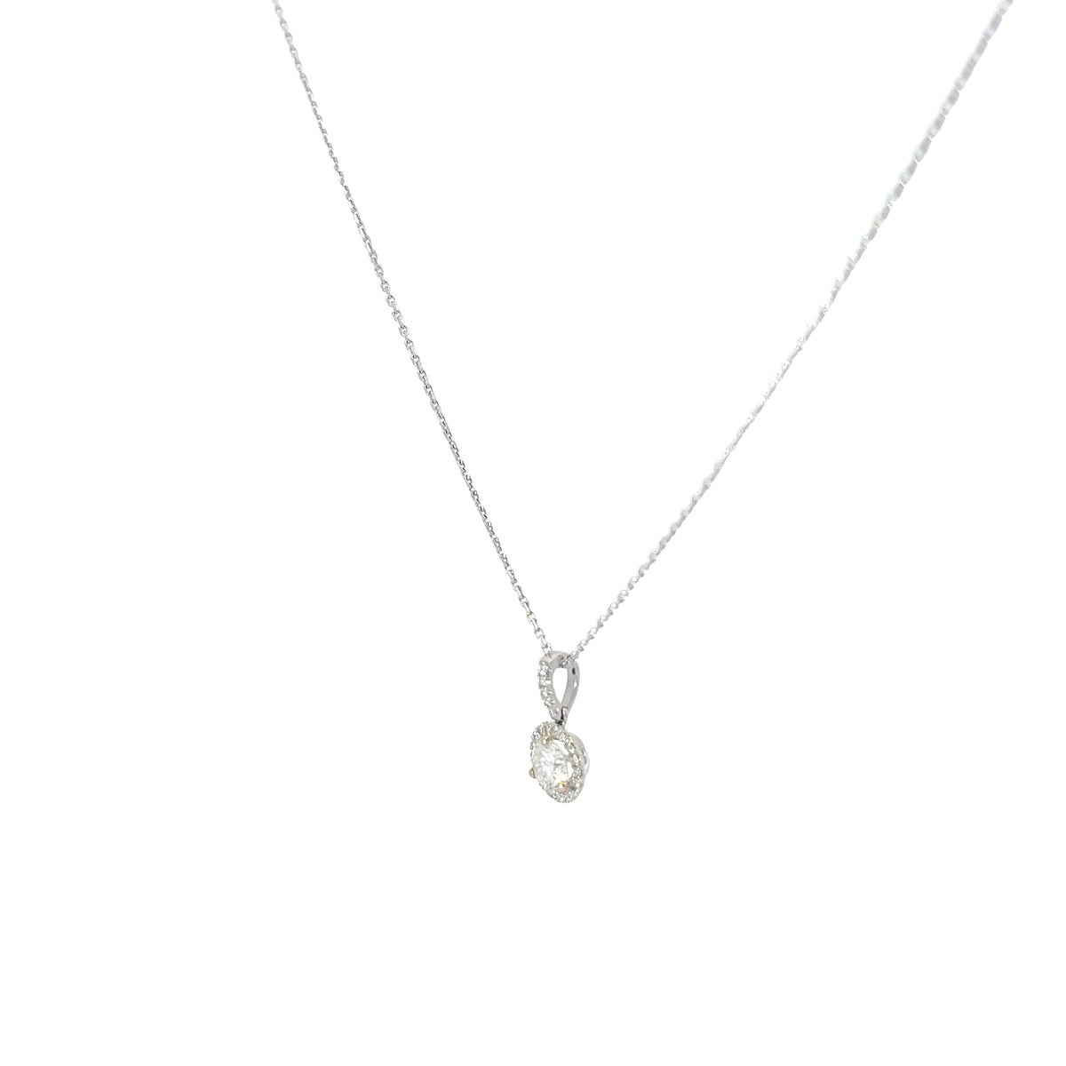 18k White Gold .63ct F SI1 Center Round Diamond and Along Halo .10ct F SI1 Round Diamond Solitaire Necklace
