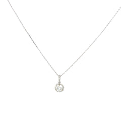 18k White Gold .63ct F SI1 Center Round Diamond and along Halo .10ct F SI1  Round Diamond Solitaire Necklace