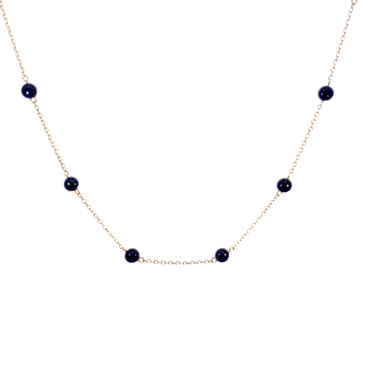 14k Yellow Gold 10 Lapis Bead 6mm Vintage Necklace 4.9 gram