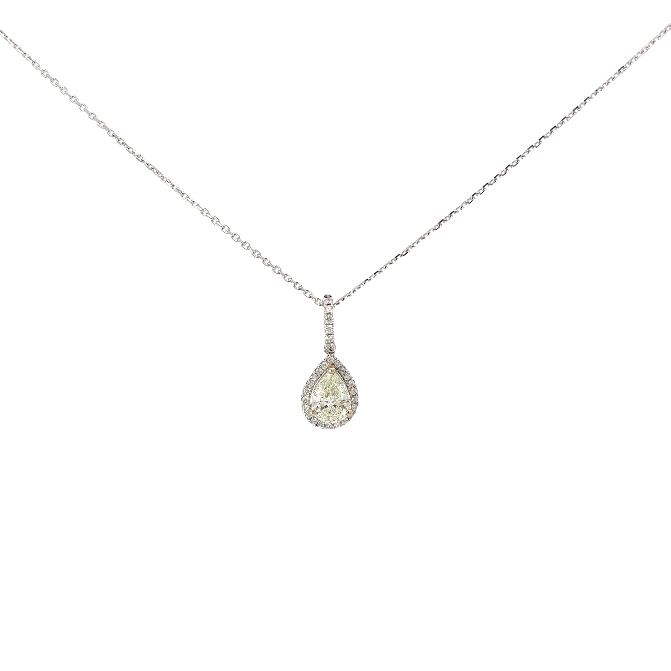 18k White Gold .88ct J SI1 Center Pear Shape Diamond and along Halo .13ct J SI1 Round Diamond Necklace Certified By EGL USA #US62512901