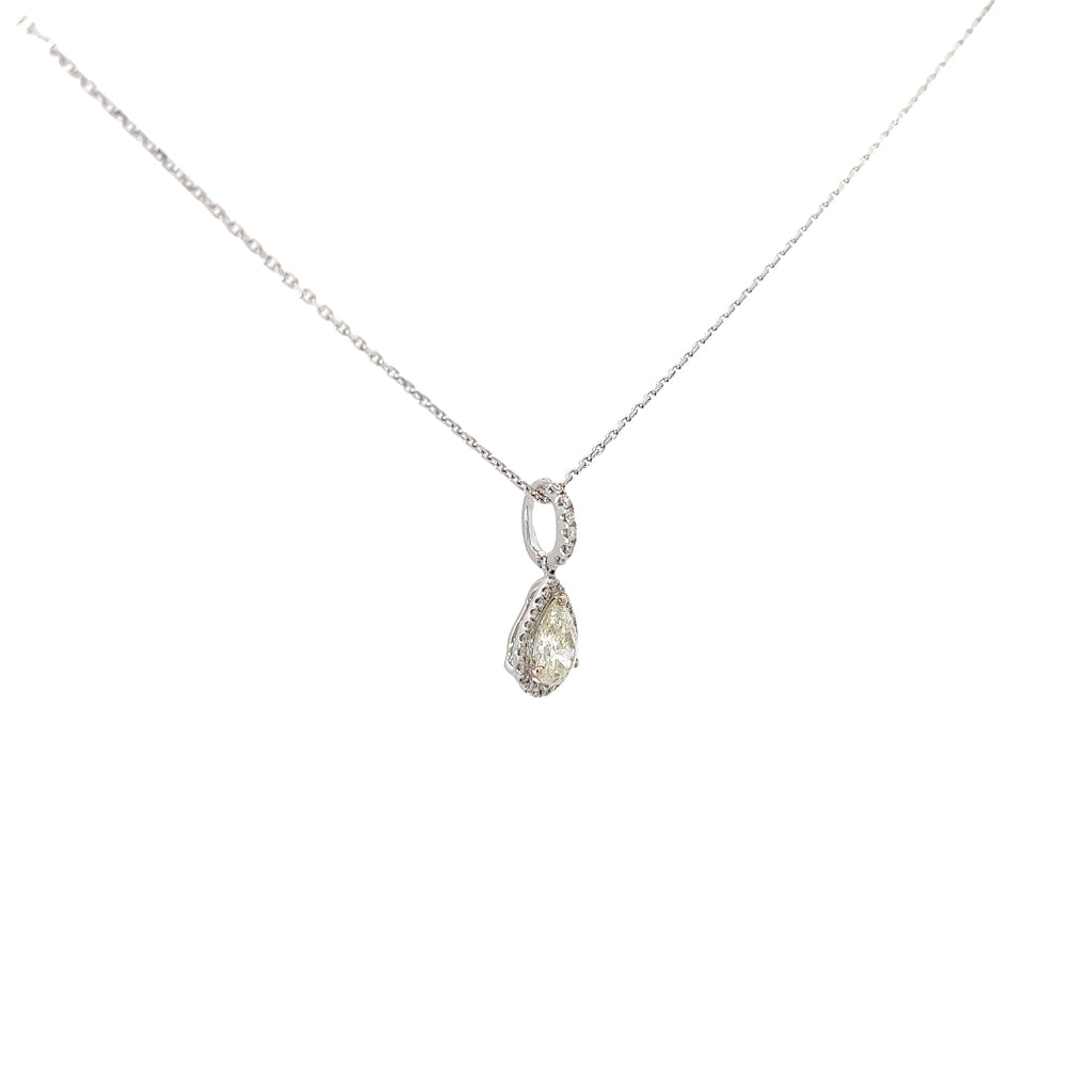 18k White Gold .88ct J SI1 Center Pear Shape Diamond and along Halo .13ct J SI1 Round Diamond Necklace Certified By EGL USA #US62512901