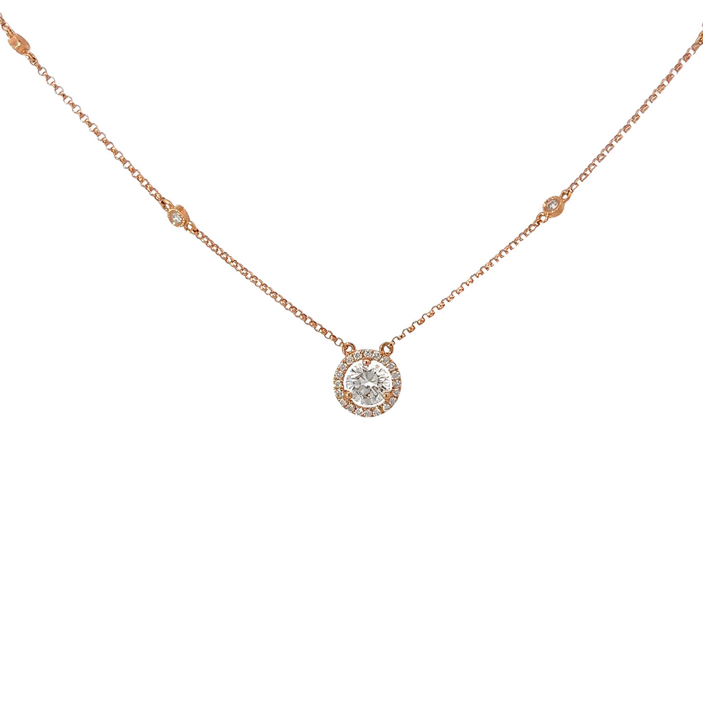 14k Rose Gold .70ct G VS2 Center Round Diamond and along Halo .23ct G VS2 Round Solitaire Necklace