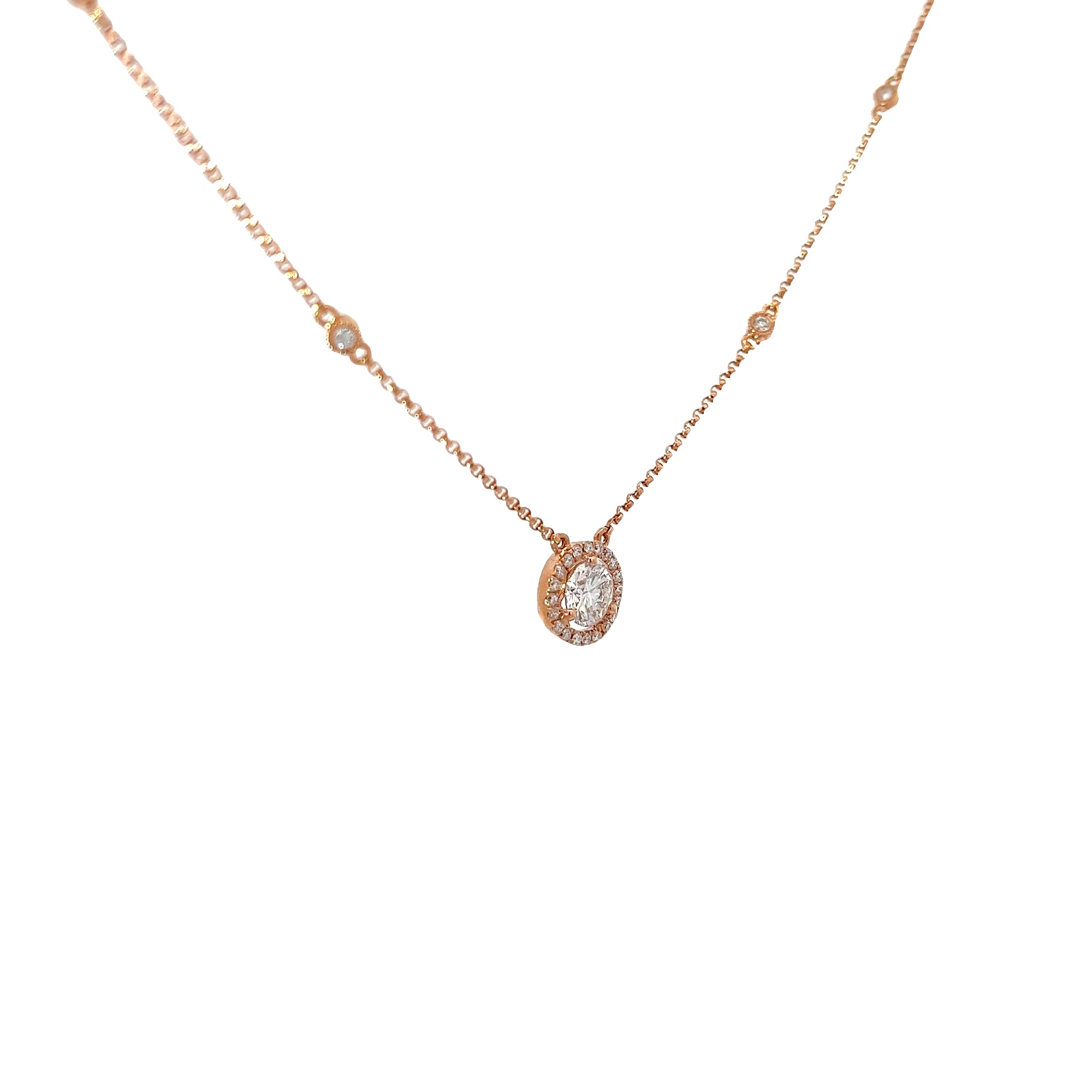 Ladies 14k rose gold diamond solitaire necklace with diamond halo.