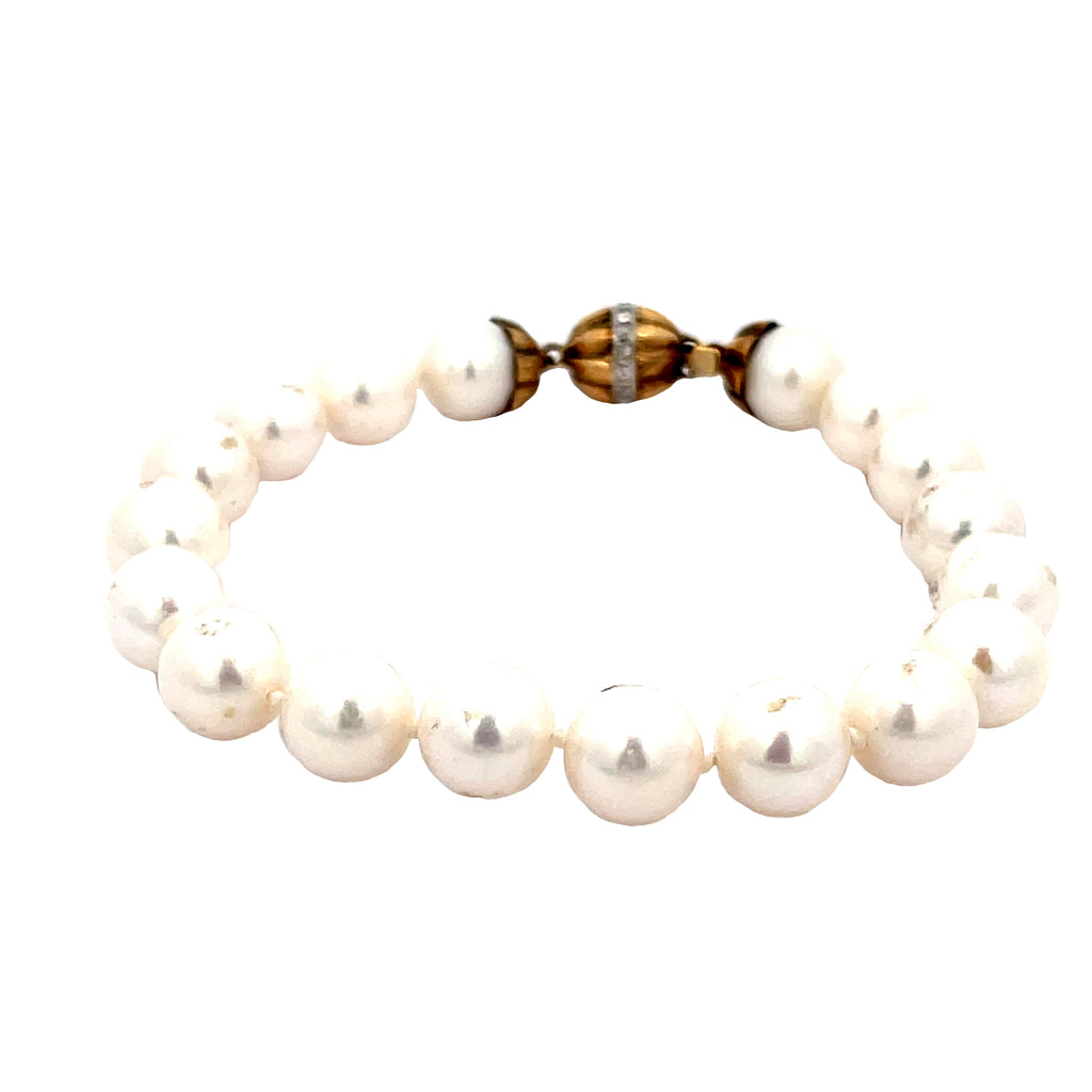 14k Yellow Gold .10ct G SI1 Round Diamond and Fresh Water White Pearl Bracelet 9mm