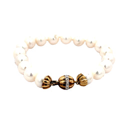 14k yellow gold .10cct G SI1 Round Diamond and Fresh Water White Pearl Bracelet 9mm