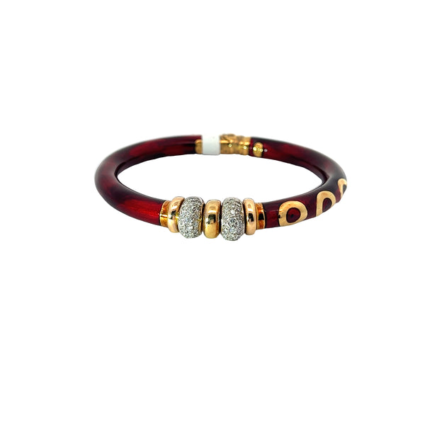 Ladies Soho Vintage 18k Yellow Gold Enamel and Diamonds Bangle Bracelet