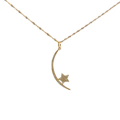 14k Yellow Gold .24ct G VS2 Round Diamond Moon and Star Necklace