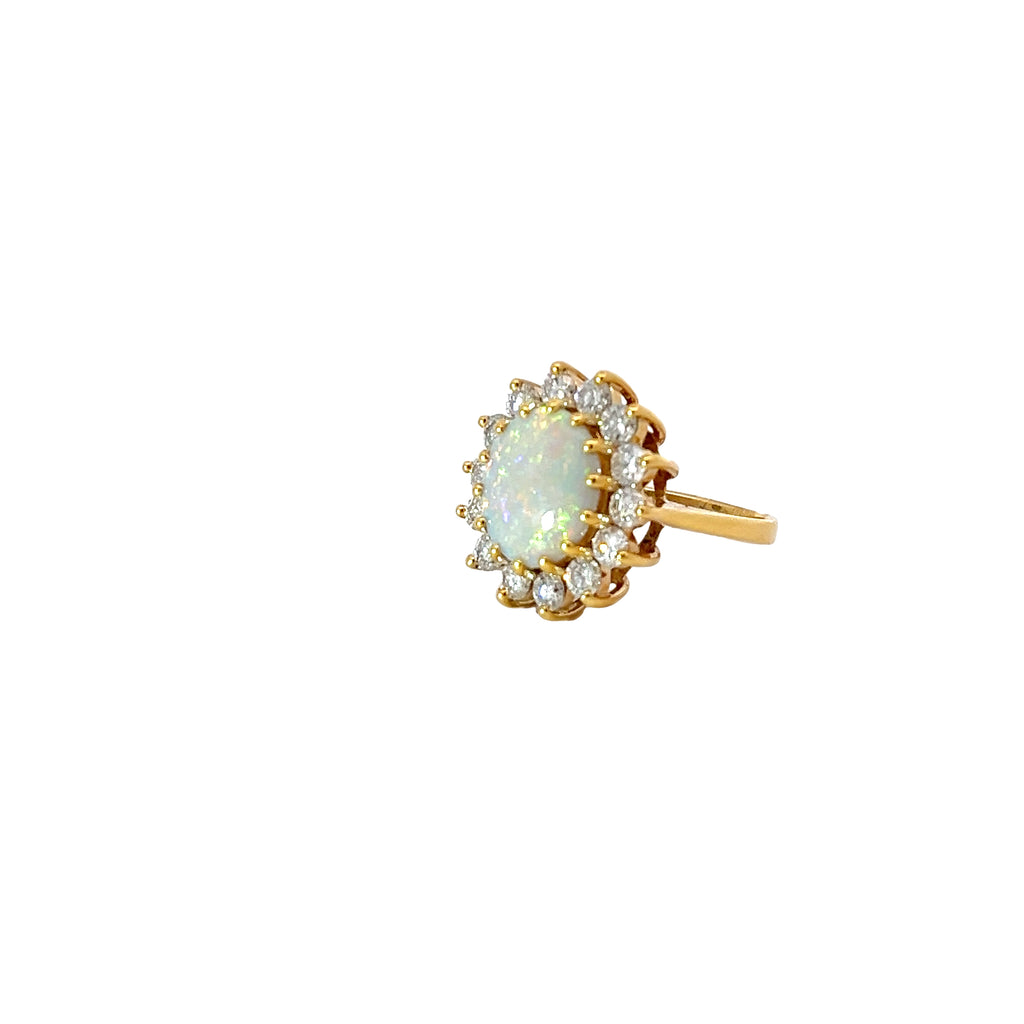 14K YELLOW GOLD 1.32CT GVS2 14 ROUND DIAMOND 12X10 OVAL AA OPAL VINTAGE RING