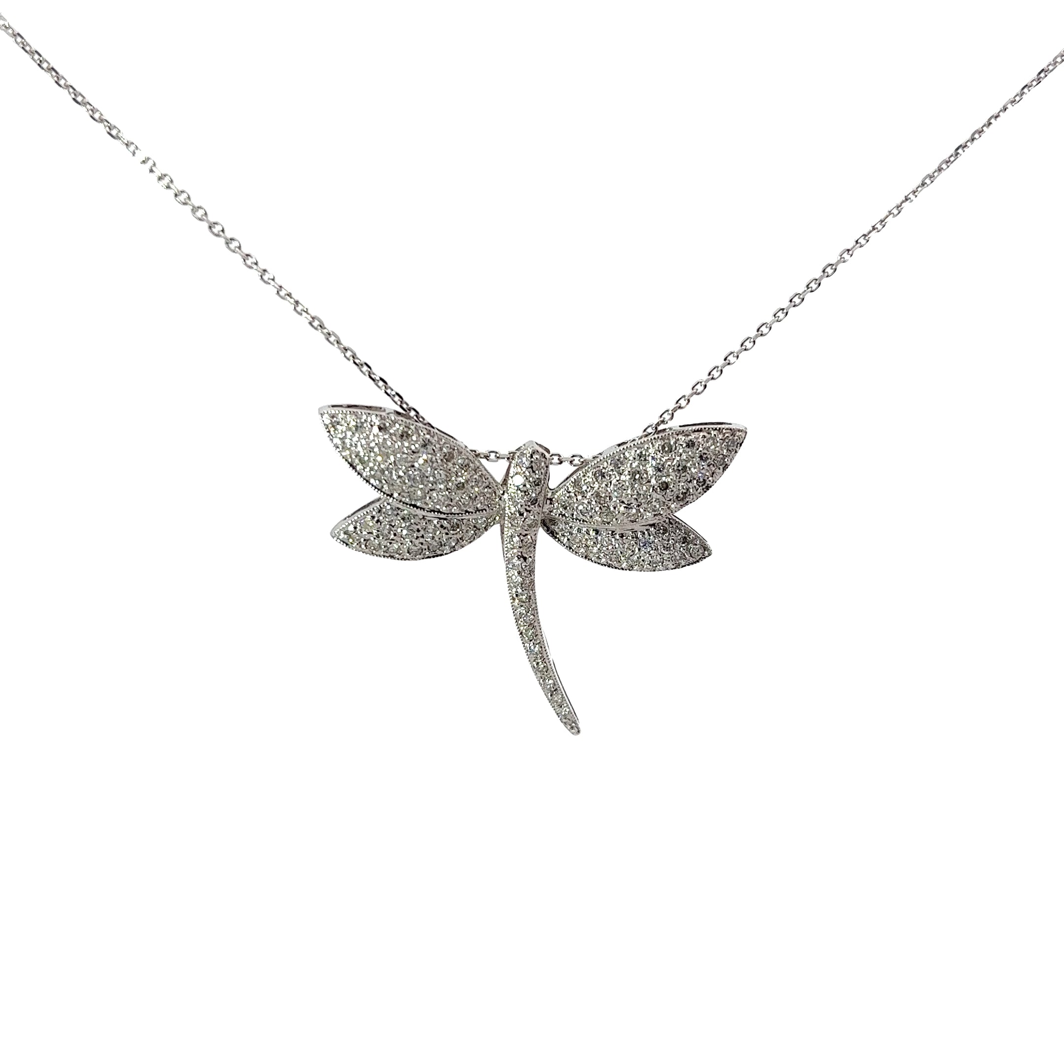 18k White Gold .75ct F VS2 Round Diamond Dragonfly Necklace