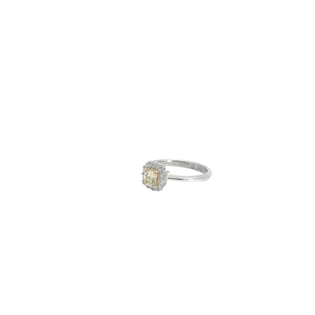 18k Two Toned .55ct Natural Fancy Yellow Diamond and .26ct F VS2 Engagement Ring Certified by GIA# 1152760572