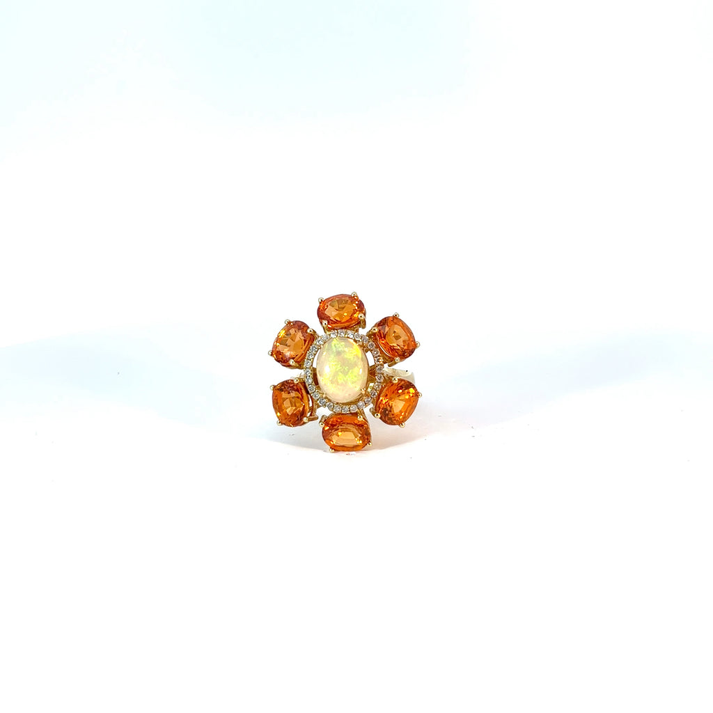 14k yellow gold 7.00ct Spessartine Garnet, 7.00ct Mexican Opal and .26ct Round Diamond  ring Size 7 Certified by GIA #2235490705