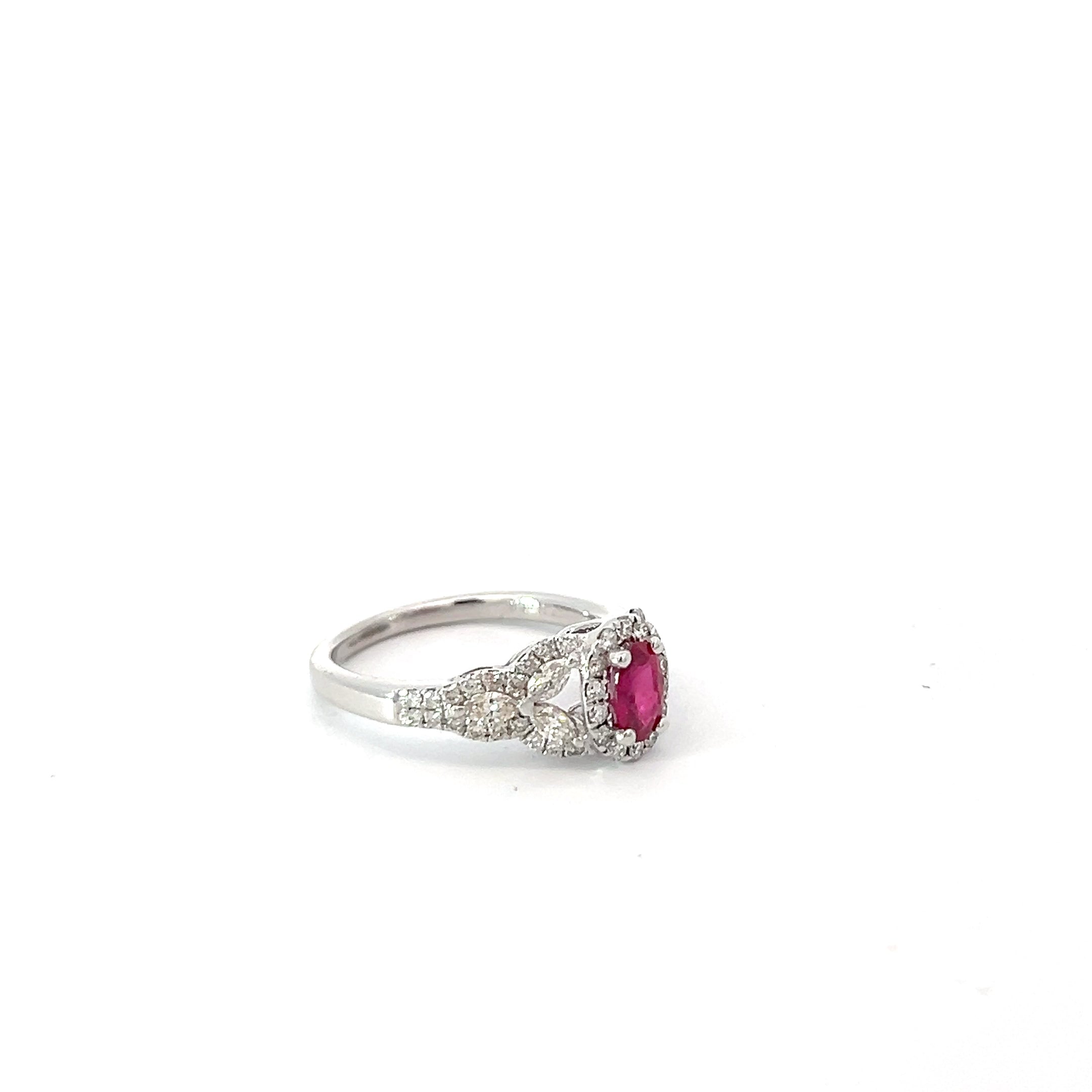 14k White Gold .65ct H VS2 Round Diamond and .55ct Oval Burma Ruby Ring