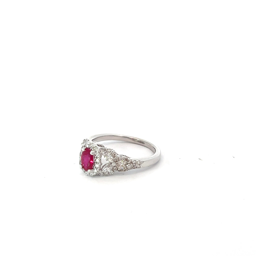14k White Gold .65ct H VS2 Round Diamond and .55ct Oval Burma Ruby Ring