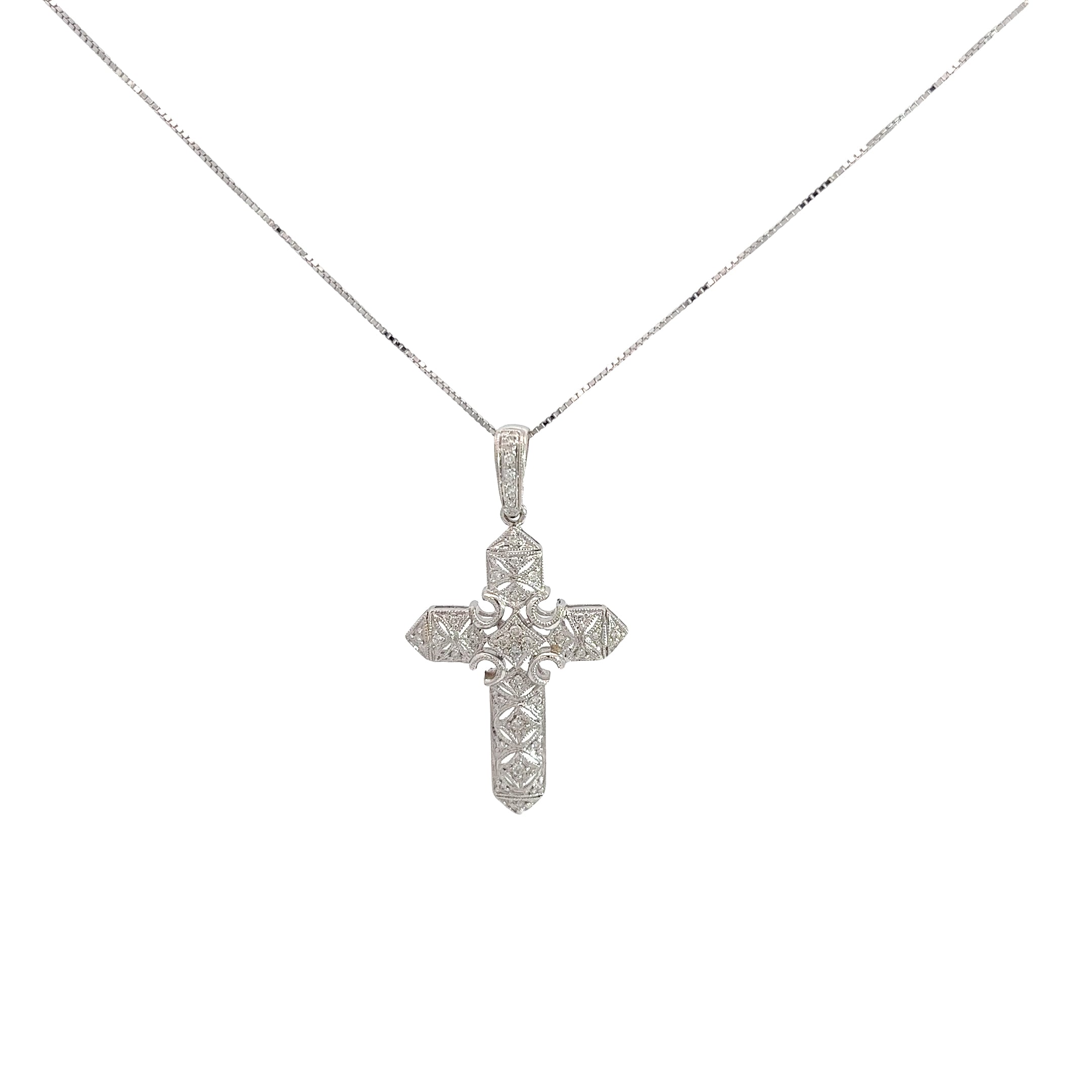 14k White Gold .25ct H SI1 Round Diamond Cross Necklace 4.60 gram