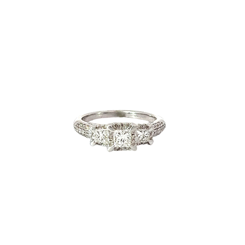 14K WHITE GOLD 1CT PRINCESS CUT PAST, PRESENT AND FUTURE 3 STONES WITH HALO AND PAVE SHANK RING