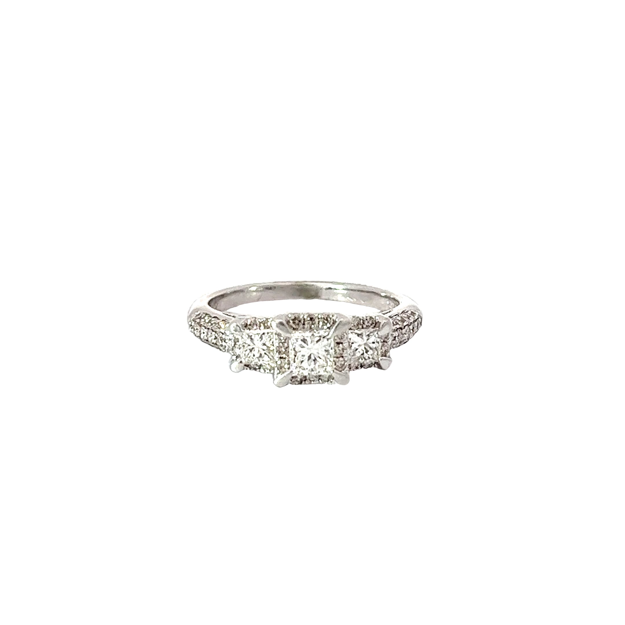 14K WHITE GOLD 1CT PRINCESS CUT PAST, PRESENT AND FUTURE 3 STONES WITH HALO AND PAVE SHANK RING