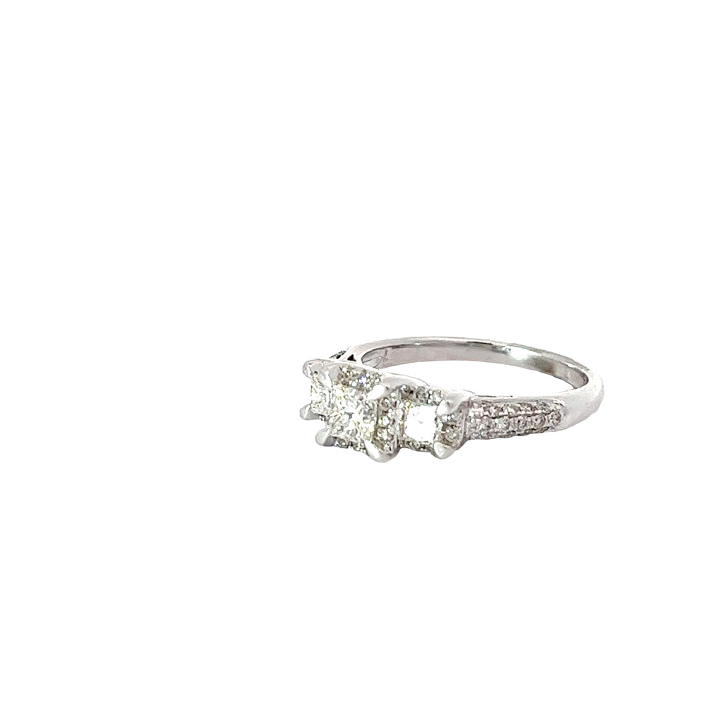 14K WHITE GOLD 1CT PRINCESS CUT PAST, PRESENT AND FUTURE 3 STONES WITH HALO AND PAVE SHANK RING