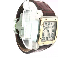 Pre-owned Cartier Santos 100 Men Two Tone 18k Yellow Gold/Steel /Automatic/ 51.1mm x 41.3mm/Crocodile Skin Leather /  Sapphire Crystal Watch Model # W20072x7