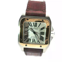 Pre-owned Cartier Santos 100 Men Two Tone 18k Yellow Gold/Steel /Automatic/ 51.1mm x 41.3mm/Crocodile Skin Leather /  Sapphire Crystal Watch Model # W20072x7