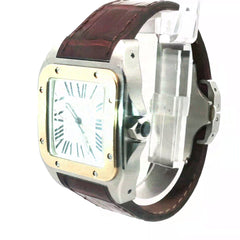 Pre-owned Cartier Santos 100 Men Two Tone 18k Yellow Gold/Steel /Automatic/ 51.1mm x 41.3mm/Crocodile Skin Leather /  Sapphire Crystal Watch Model # W20072x7
