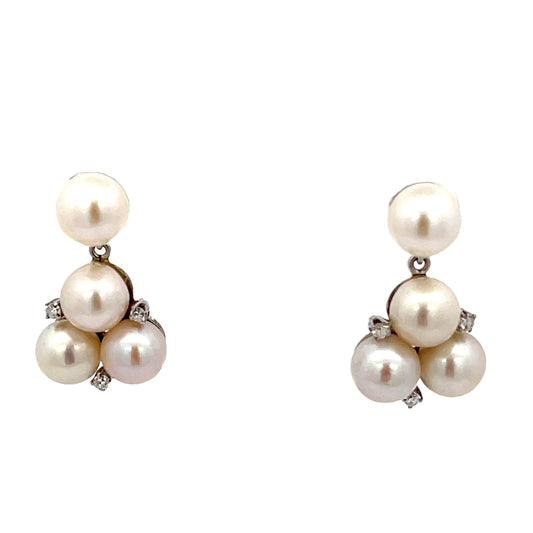 14k White Gold .18ct G SI1 Round Diamond and Fresh Water White 8mm Pearl Vintage Earrings