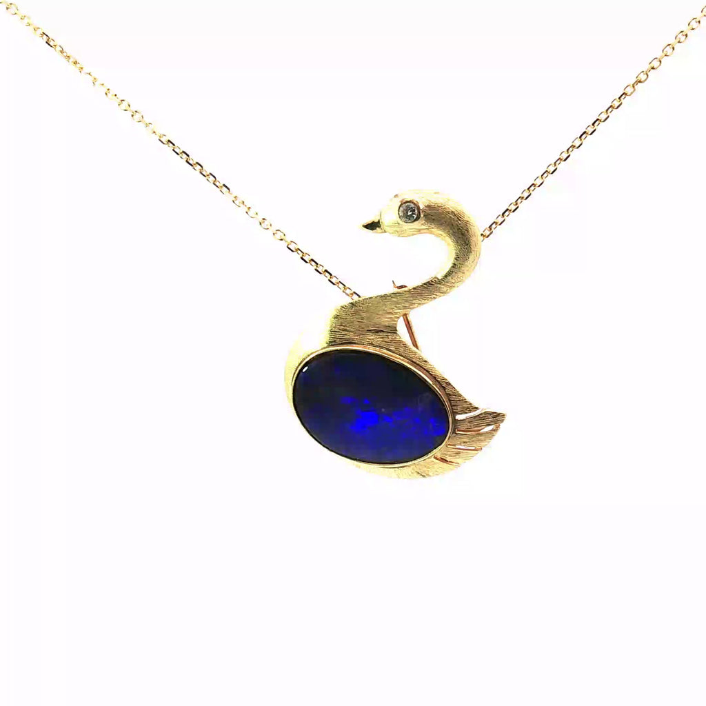 14k Yellow Gold Boulder Opal /Round Diamond Swan Pendant/Pin