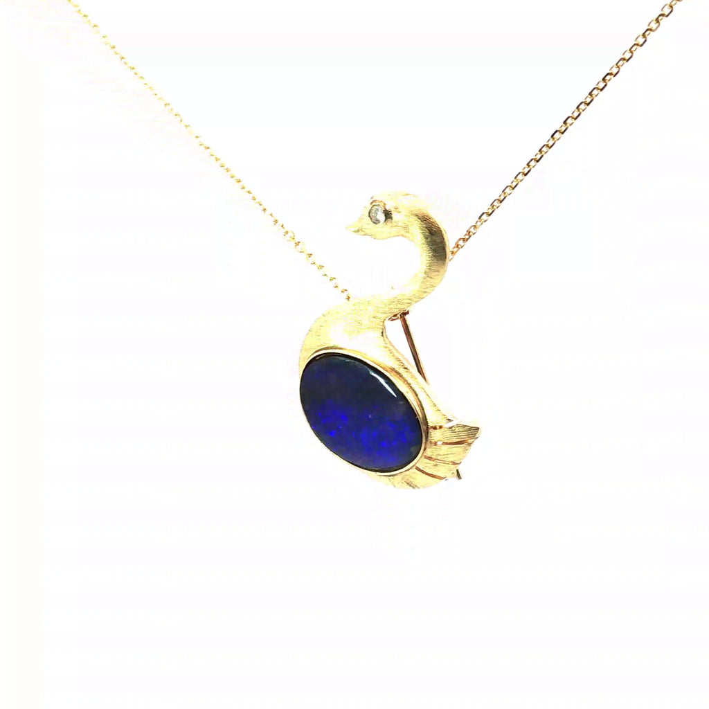14k Yellow Gold Boulder Opal /Round Diamond Swan Pendant/Pin