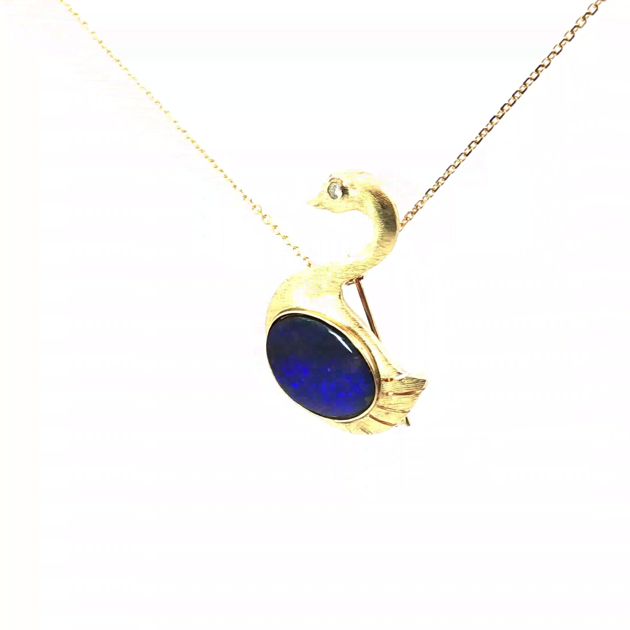 14k Yellow Gold Boulder Opal /Round Diamond Swan Pendant/Pin