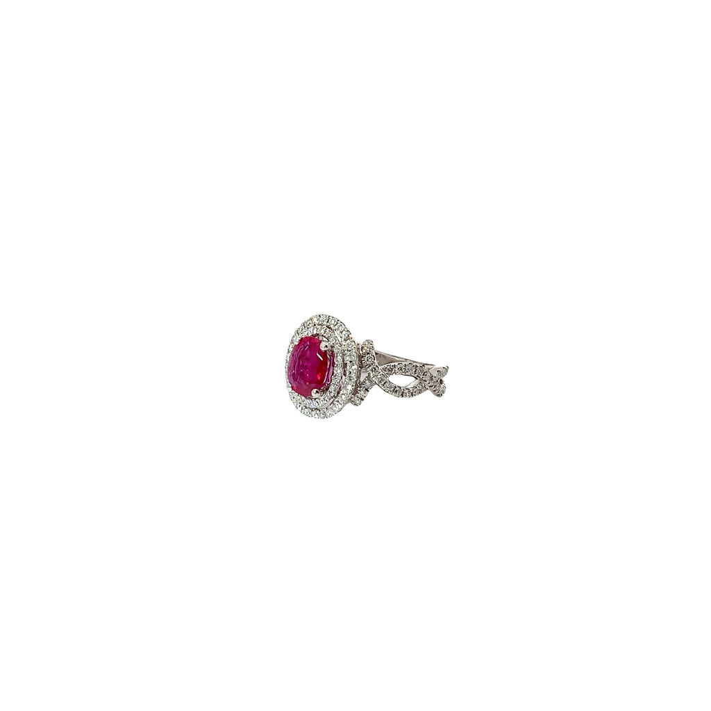 18k White Gold 1.01ct Oval Shape Burma Ruby and .74ct F VS2 Round Diamond Ring Certified By GIA # 2191611302