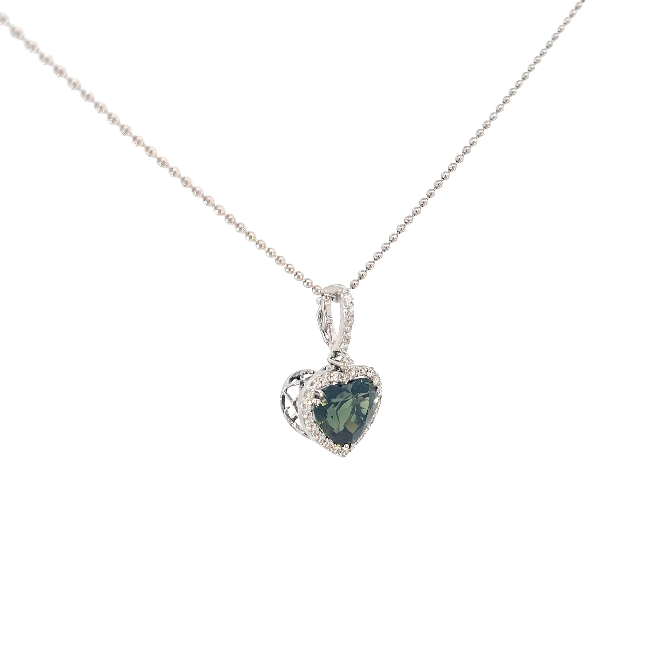 18k White Gold Heart-Shaped 7.89ct Green and Blue Sapphire .50ct F VS2 Diamond Necklace Certified By GIA #5231086105