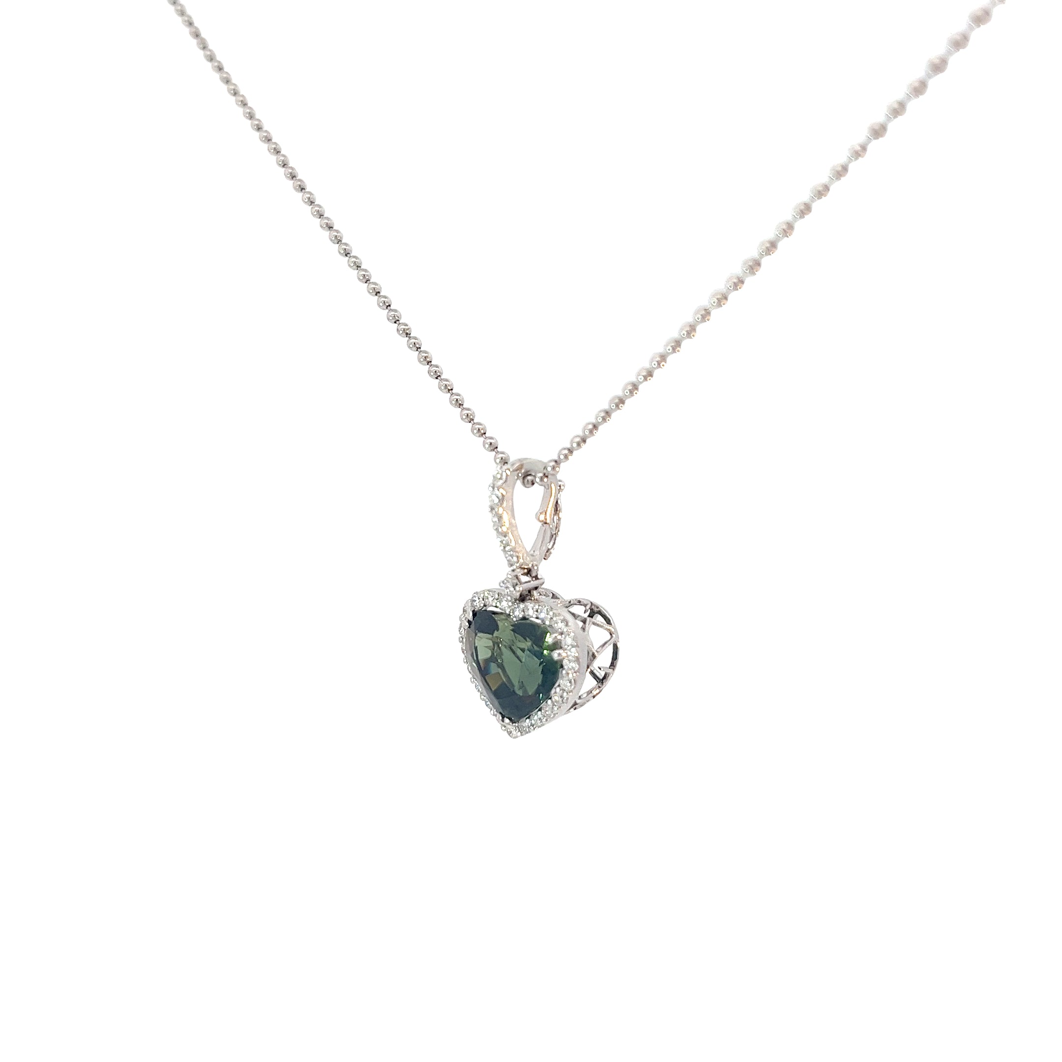 18k White Gold Heart-Shaped 7.89ct Green and blue Tanzanite Sapphire .50ct FVS2 diamond Necklace GIA CERTIFIED