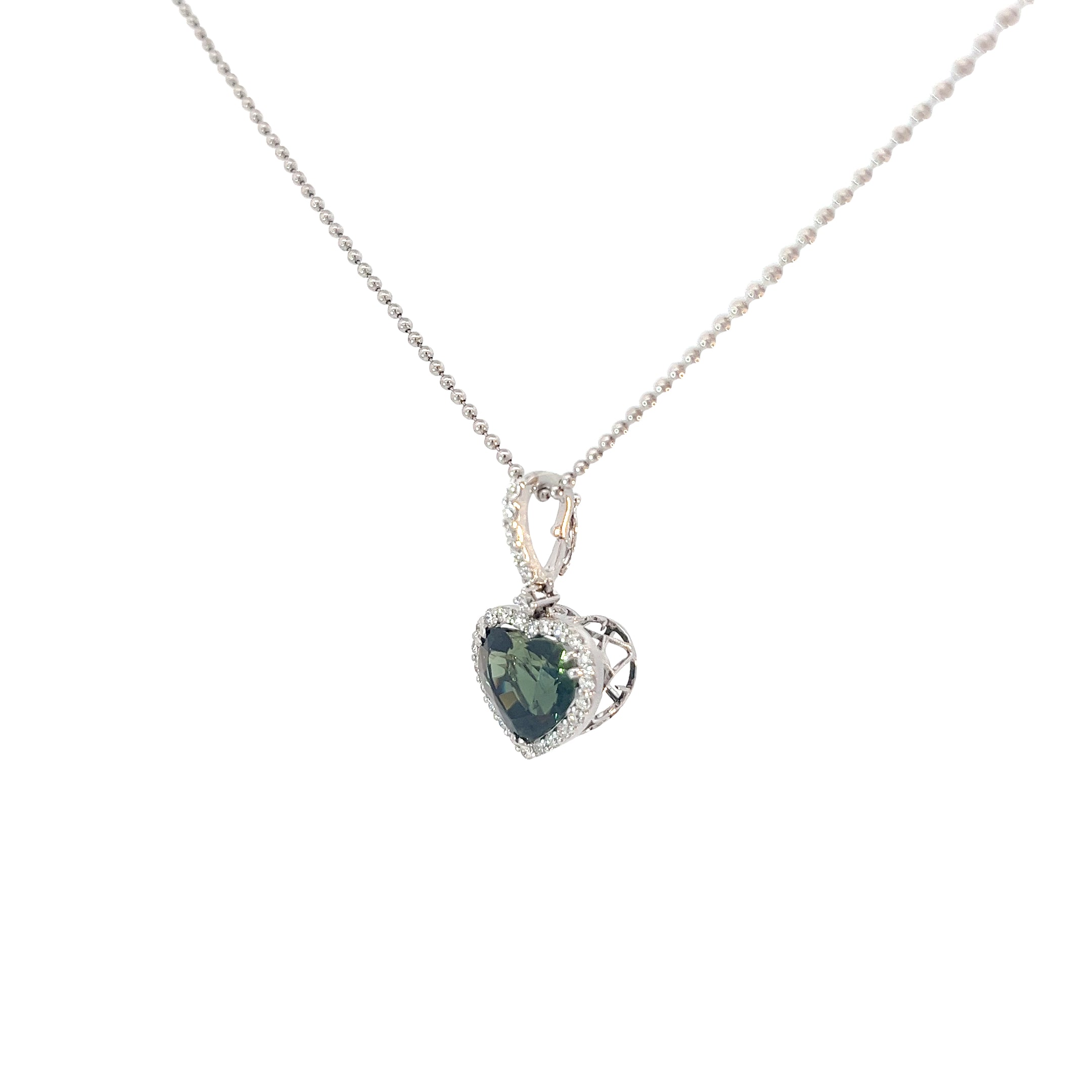 18k White Gold Heart-Shaped 7.89ct Green and Blue Sapphire .50ct F VS2 Diamond Necklace Certified By GIA #5231086105