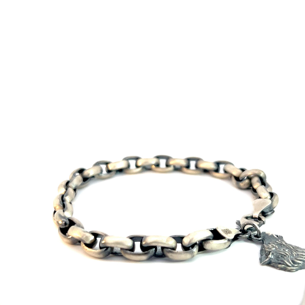 Sterling Silver 29.99 Gram Antiqued Men Bracelet with a Dangle Wolf Head