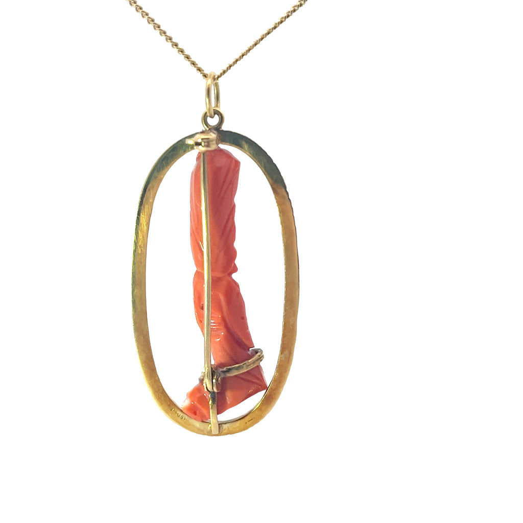 18k Yellow Gold  Vintage Red Carved Coral Brooch Pin and Pendant
