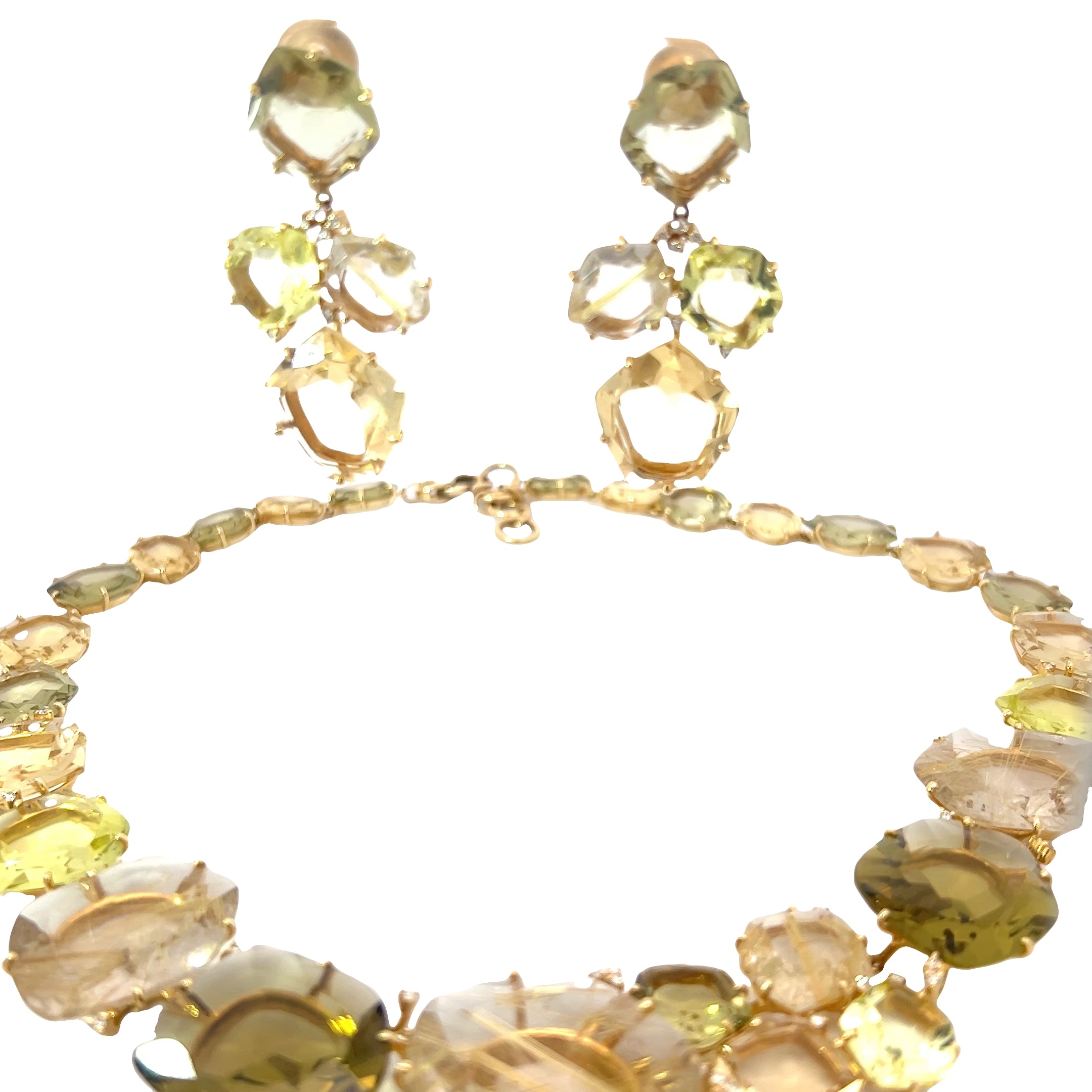 18k Yellow Gold .25ct G VS2 Round Diamond and Graduated Rutilated Quartz Necklace and Earring Set