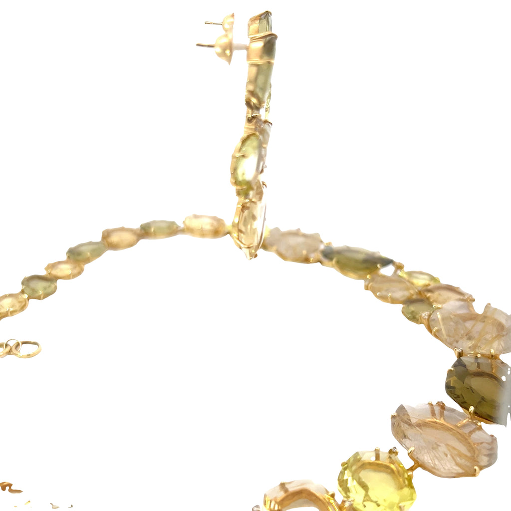 18k Yellow Gold .25ct G VS2 Round Diamond and Graduated Rutilated Quartz Necklace and Earring Set